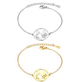 Flongo Women's Bracelet Bangle Friendship Bracelets BFF Chains for 2, Stainless Steel Bracelet Chain Silver Gold with World Map World Globe Pendant, Stainless Steel
