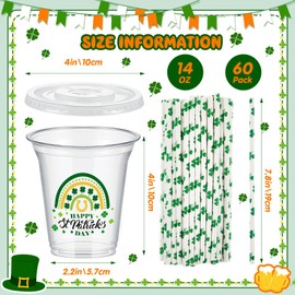 FoldTier 60 Set Plastic Cups St. Patrick's Day Themed 14 oz Disposable Clear Cups with Lids and Paper Straws for St. Patrick's Day Themed Party Favor Supplies Decorations