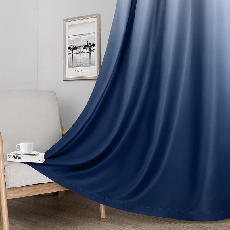 HOMEIDEAS Navy Blue 100% Ombre Blackout Curtains for Bedroom, 52