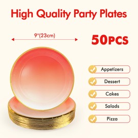 PARTY GO Party Tableware 50 Pieces, Sunsets Gold Paper Plates Birthday, Party Tableware Set 23 cm Paper Plates, Paper Tableware for 50 Guests for Birthday Decoration Valentine's Day Weddings Parties
