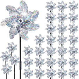 Qualirey 24 Pcs Reflective Pinwheels with Stakes Sparkly Pinwheels for Yard and Garden Windmill Wind Spinners Efficiency Reflective Material Deterrents Keep Birds Away Garden Yard Lawn (Silver)