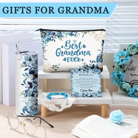 Geiserailie Birthday Gifts Set for Grandma, Christmas Best Grandma Ever Gift Basket from Granddaughter Grandson Grand Kids, Tumbler Bracelet Makeup Bag Set(Blue)