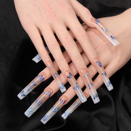 Artiprint Blue Butterfly Press On Nails, Long Coffin Shape, Ombre Design, Durable Fake Nails for Women, Easy to Apply, Reusable Artificial Nail Set (L140, L)