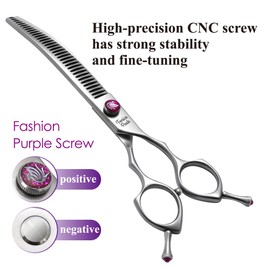 Fenice Peak 7.5‘’ Curved Chunker Dog Grooming Scissors with Purple Flashing Screw Professional 440C Stainless Steel Natural Color Pet Trimming Shears with Offset Handle Durable and Sharp