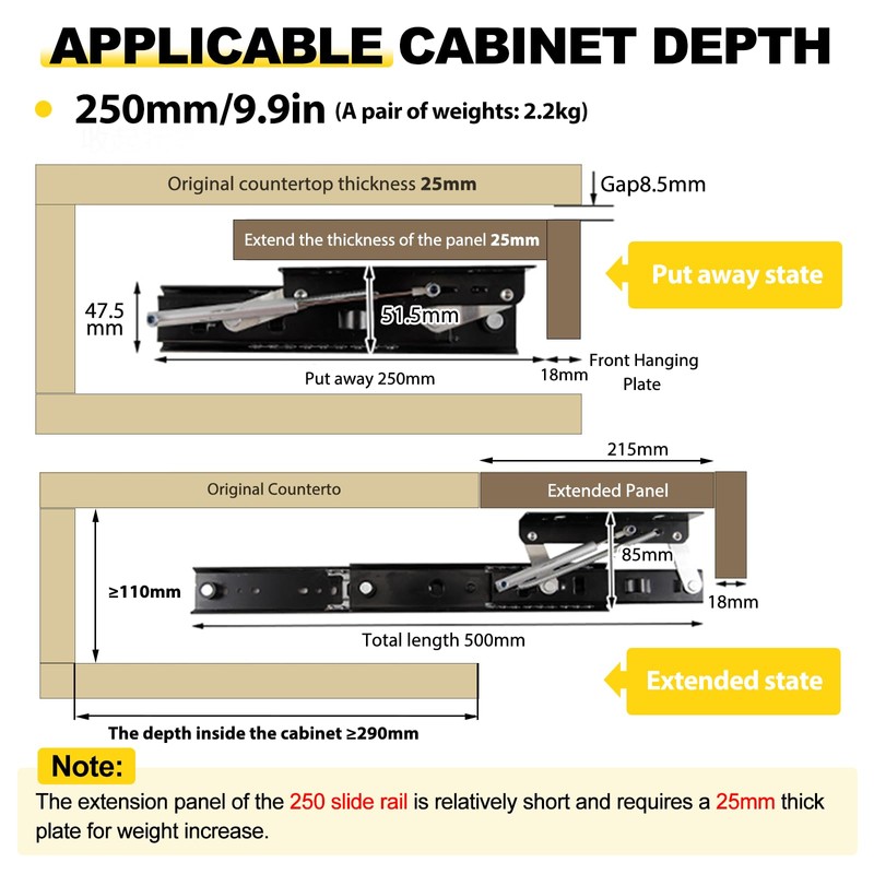 YJINGRUI Countertop Extension Slide Rail, Dining Table Extension Tabletop, Concealed