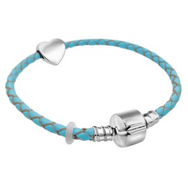 20cm Ladies Womens Medium Leather Starter Charm Bracelet with Silver Heart and Gift Box (Blue)