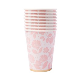 Bonjour Fete Light Pink Floral Paper Party Cups | Disposable Cups for Baby & Bridal Showers, Holidays & Happy Birthday Celebrations | Gold Foil | Premium Party Supplies Decorations, Pack of 8, 12oz