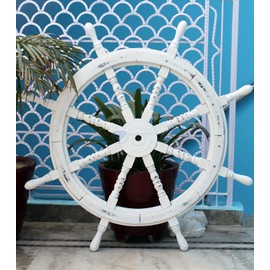 Nautical Handcrafted Wooden Ship Wheel - Home Wall Decor - Nagina International (24 Inches, Antique White)
