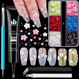 3D Flowers, Manicure Kit with Nail Rhinestone Glue Gel, Colorful Acrylic Flower Nail Charms with Caviar Beads, Rhinestones for Nails + Gem Glue for Nails (UV/LED Needed) with Pickup & Dotting Tools
