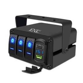 FXC 3 Gang Aluminum Rocker Switch Panel Blue Backlit with PD Type C and QC 3.0 USB Charger Voltmeter Waterproof 12V 24V DC Rocker Switch Box for Car Trucks Boats RVs