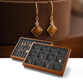Oirlv Solid Wood 12 Grid Jewelry Organizer Tray Jewelry Drawer Organizer for Rings Earrings Storage Display（Grey）