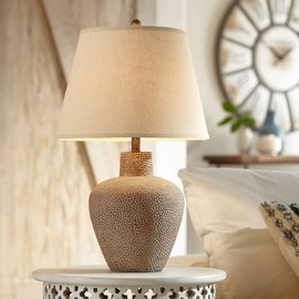 360 Lighting Bentley Farmhouse Rustic Western 3-Way Table Lamp with Table Top Dimmer 29" Tall Brown Leaf Hammered Pot Metal White Shade for Living Room Bedroom House Bedside