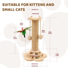 Xeticey Cat Scratching Post Multifunctional Sturdy Cat Scratcher for Indoor with Solid Wood Base, Sisal Rope Balls, Interactive Track & Spring Feather Scratch Post (24 * 40cm Tall)