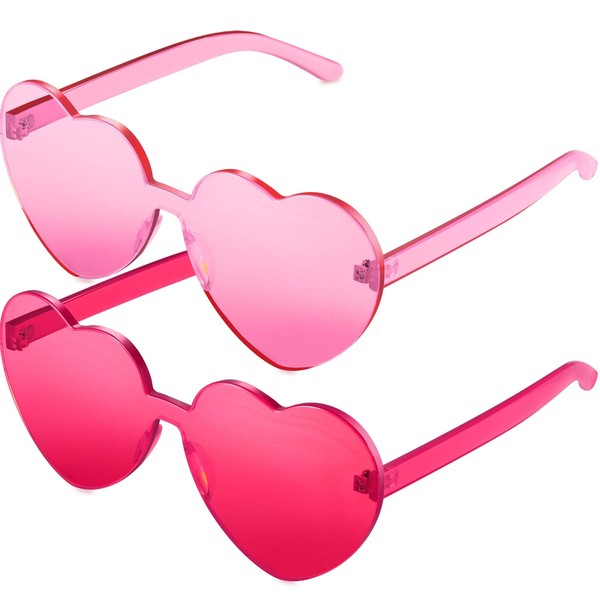 Maxdot 2 Pieces Heart Shape Rimless Sunglasses Transparent Candy Color Frameless Glasses Love Eyewear (Rose Red, Pink)