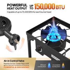 ROVSUN 2 Burner Outdoor Propane Gas Stove 150,000 BTU High Pressure Stand Cooker for Backyard Cooking Camping Home Brewing Canning Turkey Frying, 20 PSI Regulator