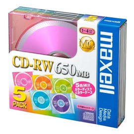 Maxell CDRW74MIX.1P5S CD-RW 650MB 4X Compatible Color MIX 5 Sheets 5 mm Case