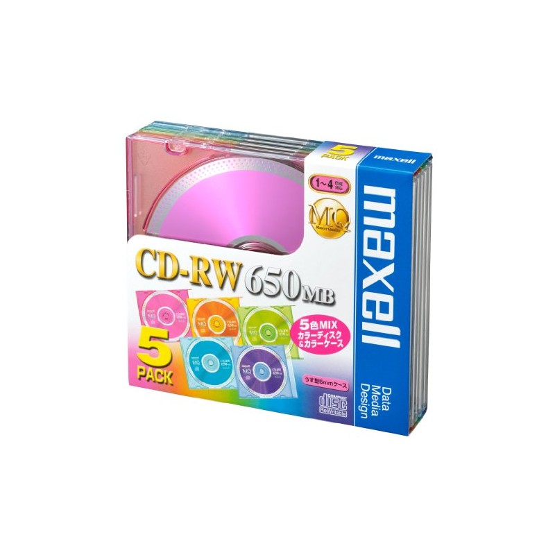Maxell CDRW74MIX.1P5S CD-RW 650MB 4X Compatible Color MIX 5 Sheets