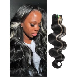 AUROO Platinum Blonde Highlight Black Mix Color Body Wave Human Hair, 100% Brazilian Thick Track Bundles #F1B/613 Ombre Skunk Stripe Balayage Colored Single Bundles Quick Weave Remy 14 In