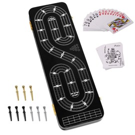 Cribbage Board Game Set 3 Tracks, 2 Storage Area, with 9 Metal Pegs,2 Decks of Playing Cards and Instruction, Wooden Travel Portable Cribbage Game Sets
