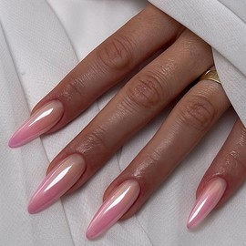 Ombre Press on Nails Long Almond MABKJLF Pink & White Fake Nails False Nails Chrome Nails Full Cover Glossy Glue on Nails Stick on Nails Acrylic Nails for Women Girls 24 Pcs