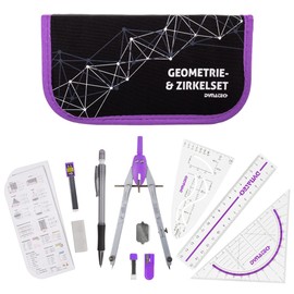 DynaTech Compass Set Geometry Set 13 Pieces with Quick Adjusting Compass, Set Square, Parabola, Pencil, Ruler, Sharpener and Replacement Leads in Case - Practical Mathematics Set Including Pencil Case
