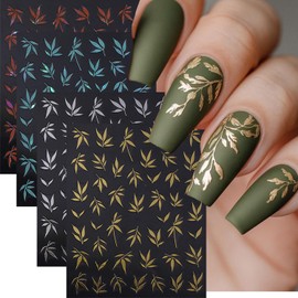 Fall Bamboo Nails Stickers Leaf Nails Art Stickers 3D Self-Adhesive Colorful Nail Decal with Gold Silver Blue Green Orange Design Nail Sticker for Nail Art Autumn Women DIY Decoration 5 Sheets