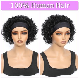 Betufllo Headband Wig Human Hair Wigs for Black Women Curly Pixie Headband Human Hair Wigs Put on and Go Glueless Wig Natural Black 8 Inch