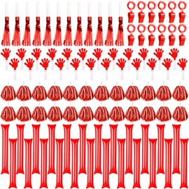 Yunsailing 96 Pcs Homecoming Noisemakers Team Spirit Accessories for Game Day Include Hand Clappers Cheerleading Pom Pom Thunder Stick Cheer Party Blower Plastic Whistle for Sport Fans(Red White)