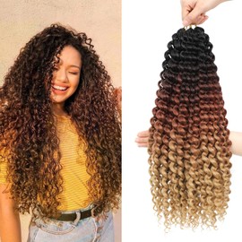 FANWYFYU 8 Packs Kinky Curly Wave Small for Women 18 Inch Soft Deep Wave Synthetic Crochet Hair Twist Boho Curly Braiding Machine Made Feather Hair Extension. (1B/30/27, 22 Inches)