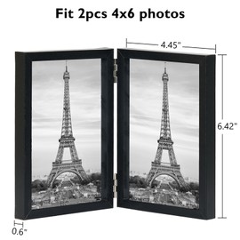 JCJMY 4x6 Double Picture Frame Set of 2 Hinged Folding Vertical Stand on Tabletop, Wood Two Openings 4x6 Double Photo Frame Collage with Shatter Resistant Plexiglass, 2 Pack, Black