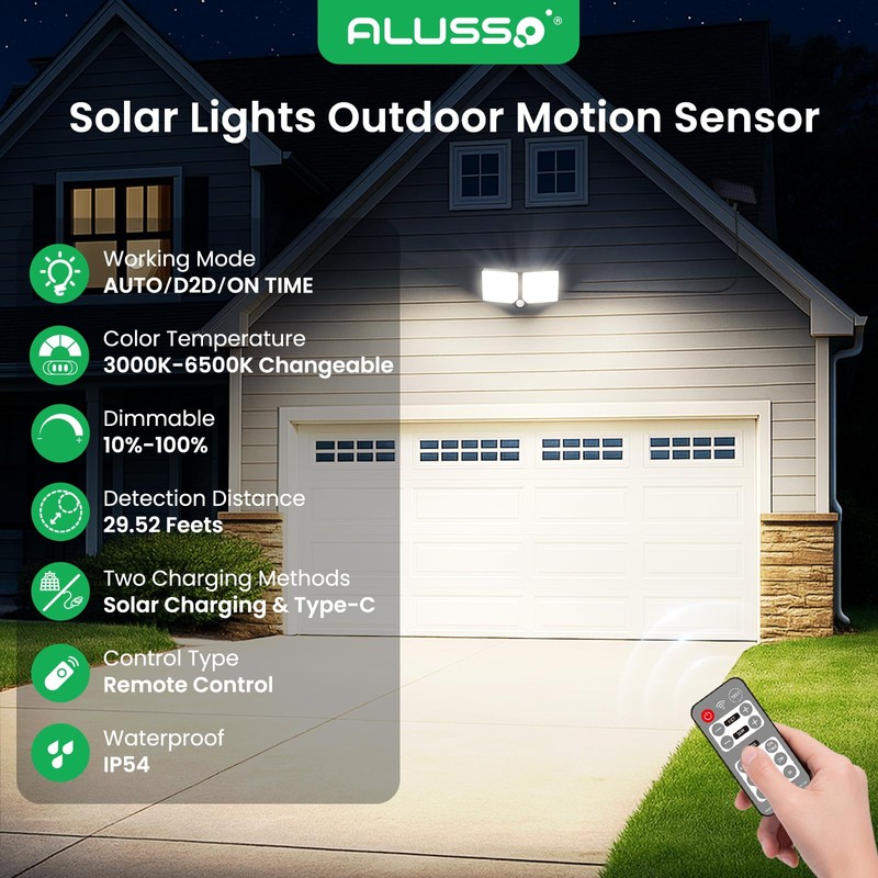 ALUSSO® Solar Lights Outdoor Waterproof Motion Sensor, Dimmable 3000K-6500K Changeable