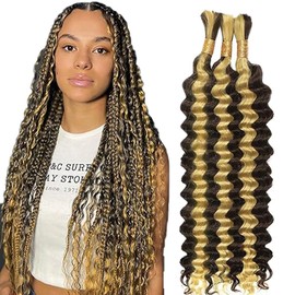 Hxxcoup Human Braiding Hair for Boho Braids, Deep Wave, Bulk Total 150 g, 3 Bundles, 18 18 18 Inches, Human Hair Extension, Unprocessed, No Weft, P4/613, Highlight Blonde for Women