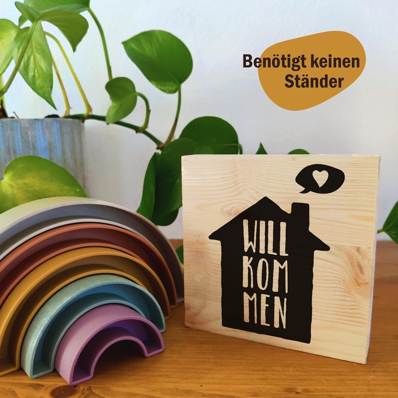 Willkommensgeschenk - Willkommen Holzbild + Reagenzglas zum Hinstellen opt. als
