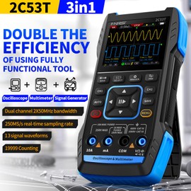 GJMYNSI 2C53T 3-in-1 handheld oscilloscope multimeter DDS generator, 2 channel, 50MHz bandwidth, 250MSa/s sampling rate, 20,000 calculations, voltage, current, capacitance, resistance, 2* P6100 probes
