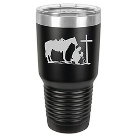 Tumbler Stainless Steel Vacuum Insulated Travel Mug Cowboy Praying Cross Horse (Black, 30 oz)