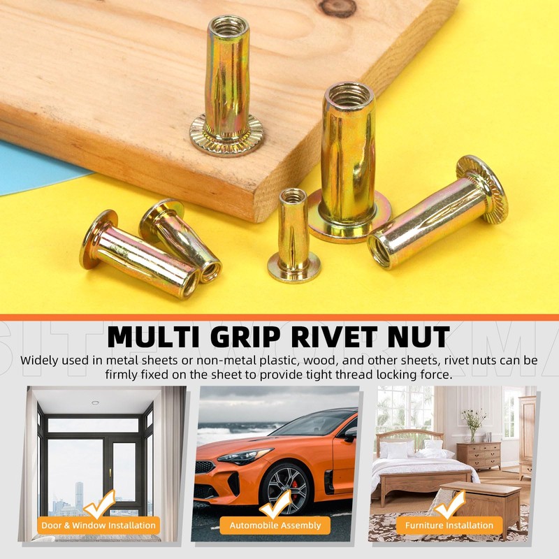Tanstic 26Pcs M8 Multi-Grip Rivet Nut Kit, Zinc Plated Carbon