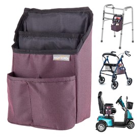 High Road Compact Walker Bag, Wheelchair Arm Pack and Scooter Pouch with Easy Access Pockets and Adjustable Straps for Adult Daily Living Needs (Plum Check)