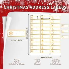 600 Pieces Christmas Address Labels 1 x 2.625 Inches Printable Christmas Address Labels Mailing Labels Compatible with Laser and Inkjet Printer