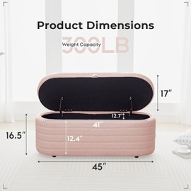 Storage Ottoman Bench End of Bed for Bedroom,45 inch Boucle Upholstered Entryway Shoe Seat Bench w/ Storage,Sherpa Modern Cute Padded Blanket Chest Stool Foot Rest for Living Room,Window Seating, Pink