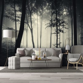 BZHXBZ - Dark Enchanted Forest Wallpaper Foggy Black Woods Bedroom Jungle Tree Mural Living Room Woodland Large Wall Mural - 137"x96" Not Peel and Stick