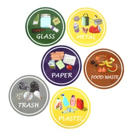 Azatemgo Recycle Sticker for Bin 6 Pcs, Waterproof Anti-UV Trash Can Label - Paper Metal Plastic Glass Food Waste