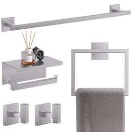 TQKAG 5-Pieces Brushed Nickel Bathroom Hardware Accessories Set 23.6" SUS304 Stainless Steel Towel Bar Set Wall Mounted Square Toilet Paper Holder with Shelf
