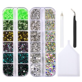 Blinginbox Flatback Rhinestones for Nails, 6380Pcs Non Hotfix Rhinestones for Craft Nail Art Charms Face Makeup Crystals, Nail Gems with Tweezers, Wax Pencil & Diamond Trays Tools