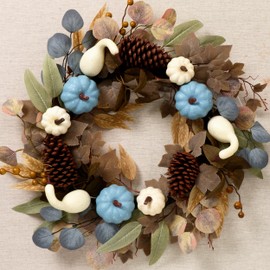 DecorbyHannah Collapsible Fall Wreaths for Front Door, 22 inch Pre-Lit Autumn Wreath with Blue Pumkin and Pinecone for Harvest Thanksgiving Home Wall Window Indoor Outdoor Decor