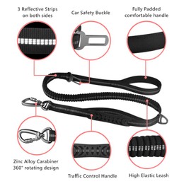 Strong Dog Lead, Bungee Elastic Dog Lead, Adjustable, Reflective Elastic Dog Lead for Walking, Anti-Pull Dog Lead with Seat Belt Buckle (Black)