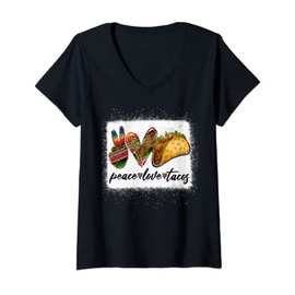 Womens Peace Love Tacos Shirt Cute Taco Tuesday Mexican Food Lovers V-Neck T-Shirt