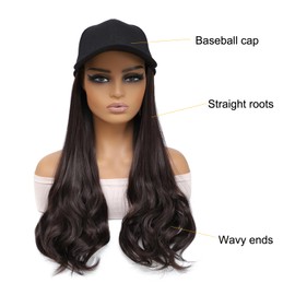 Yunkang Hat Wig Baseball Cap With Long Wavy Ends Straight Hair Extensions Attached Heat Resistant Synthetic Fiber Hair Replacement Wigs in Hat for Woman Girls (Brown, 18inch)
