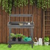 Gray Wooden Potting Bench With Wheels Sink Drawer Storage Outdoor