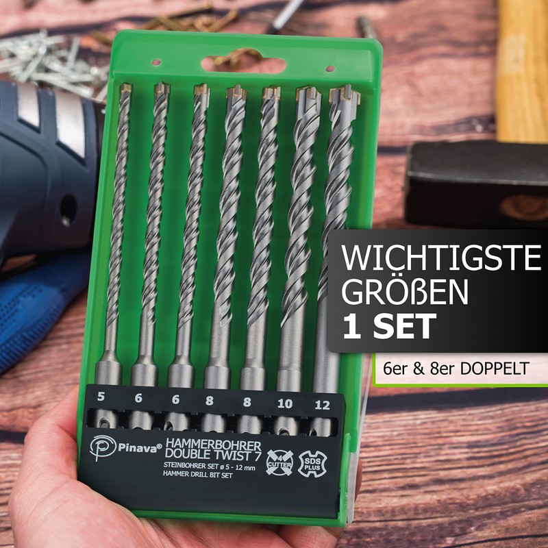 Pinava® SDS Plus Drill Bit Set [Double Twist] - 7-Piece