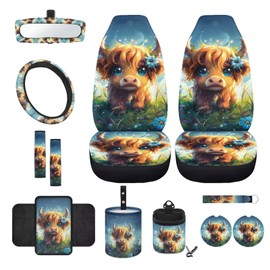 Wanyint Highland Cow 12 PCS Auto Accessories Car Seat Covers for Front Seats, with Steering Wheel Cover Seat Belt Covers Armrest Pad Trash Bin Sunglass Pocket Rear View Mirror Cover Coasters Key Chain